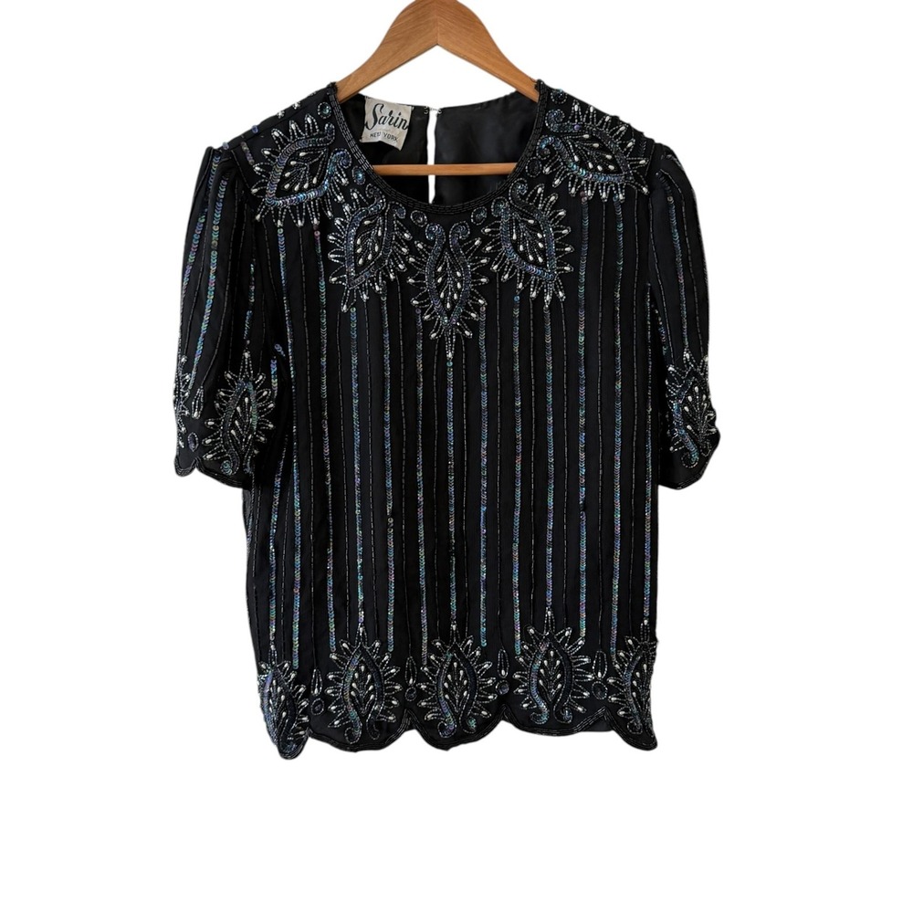 Vintage Sarin Beaded Sequin Top Womens M Black Stripe Scallop Hem Party Cocktail